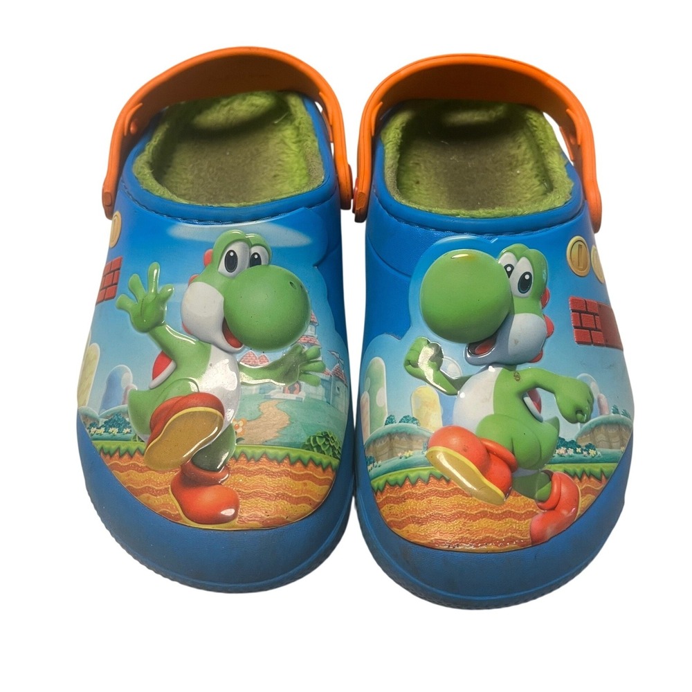 Crocs Kids Fun Lab Super Mario Yoshi‎ Blue Fuzzy Lined Clogs Size C13